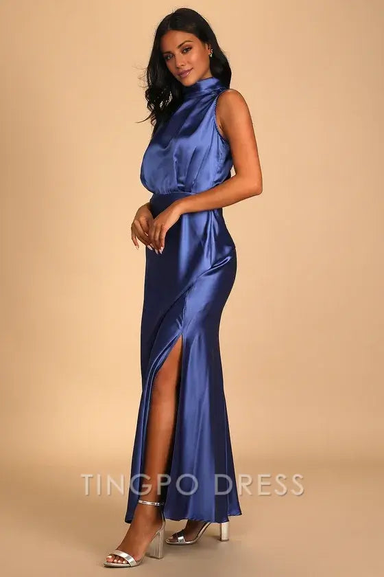 TingPo Wholesale Signature Elegance Blue Satin Sleeveless Mock Neck Maxi Dress formal wear dresses ﻿