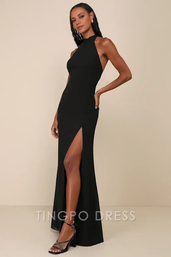TingPo Wholesale Signature Elegance Captured Your Heart Black Halter Maxi Dress formal wear dresses