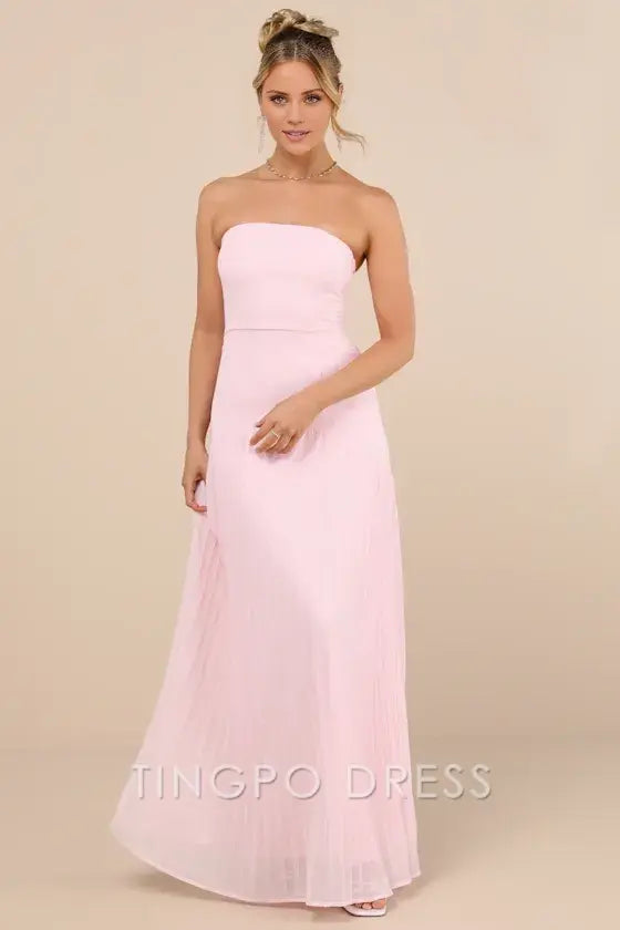 TingPo Wholesale Signature Elegance Celebratory Aesthetic Blush Pink Pleated Strapless Maxi Dress formal wear dresses