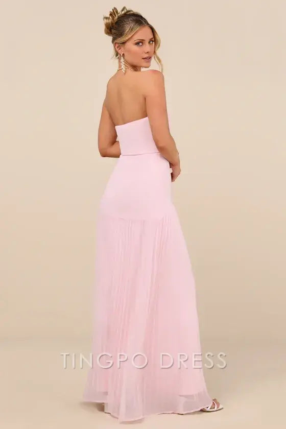 TingPo Wholesale Signature Elegance Celebratory Aesthetic Blush Pink Pleated Strapless Maxi Dress formal wear dresses
