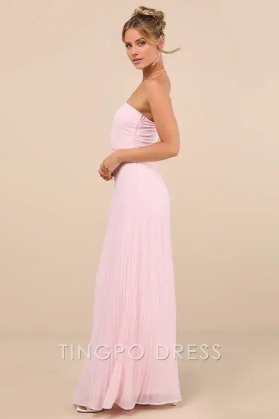 TingPo Wholesale Signature Elegance Celebratory Aesthetic Blush Pink Pleated Strapless Maxi Dress formal wear dresses