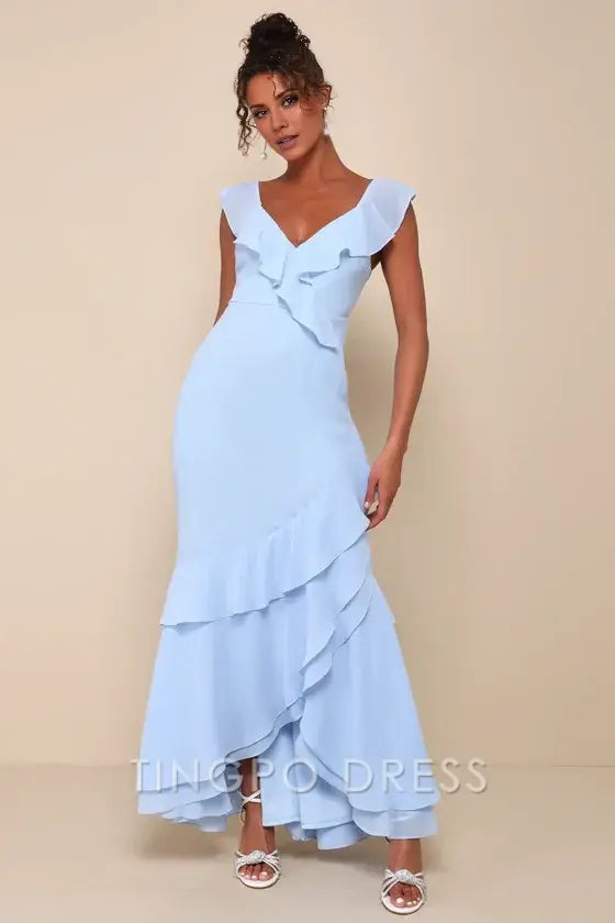 TingPo Wholesale Signature Elegance Charming Event Light Blue Asymmetrical Ruffled Maxi Dress formal wear dresses ﻿