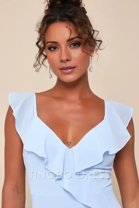 TingPo Wholesale Signature Elegance Charming Event Light Blue Asymmetrical Ruffled Maxi Dress formal wear dresses ﻿