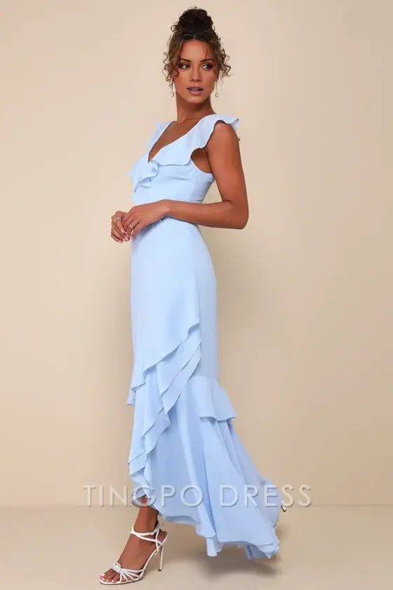 TingPo Wholesale Signature Elegance Charming Event Light Blue Asymmetrical Ruffled Maxi Dress formal wear dresses ﻿