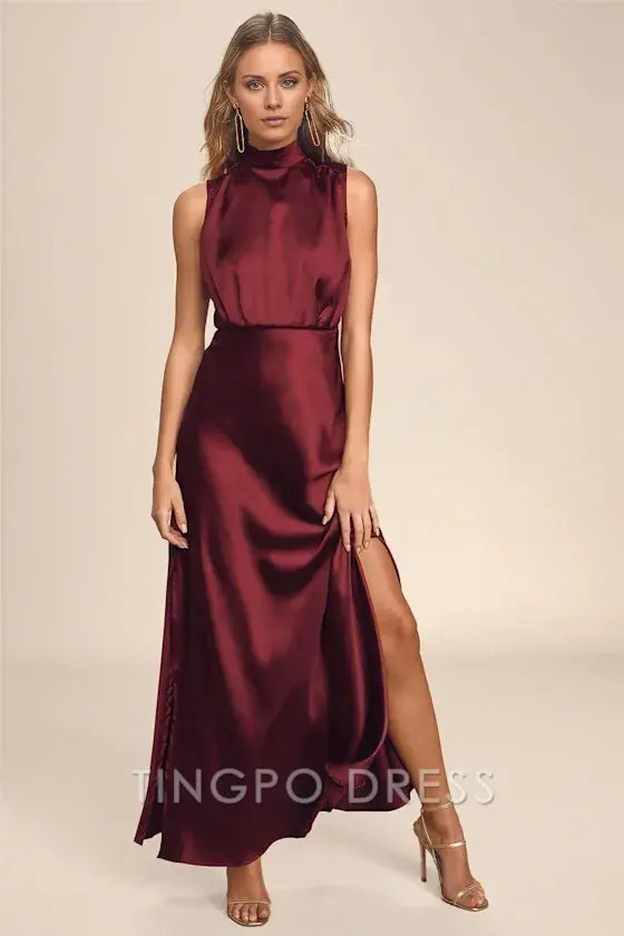 TingPo Wholesale Signature Elegance Classic Elegance Wine Satin Maxi Dress formal wear dresses