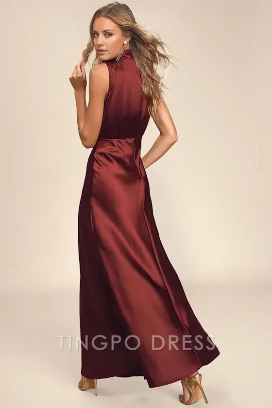 TingPo Wholesale Signature Elegance Classic Elegance Wine Satin Maxi Dress formal wear dresses