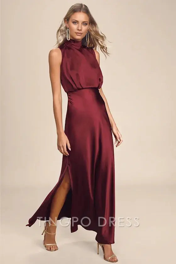 TingPo Wholesale Signature Elegance Classic Elegance Wine Satin Maxi Dress formal wear dresses