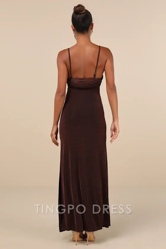 TingPo Wholesale Signature Elegance Complete Catch Brown Backless Lace Ruched Maxi Dress formal wear dresses