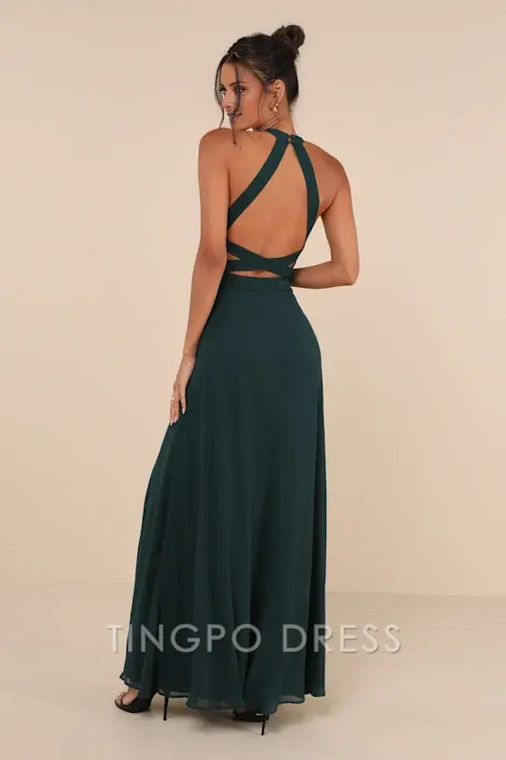 TingPo Wholesale Signature Elegance Confidently Charismatic Emerald Backless Halter Maxi Dress formal wear dresses