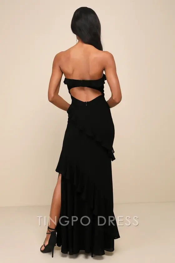 TingPo Wholesale Signature Elegance Dramatic Allure Black Ruffled Cutout Strapless Maxi Dress formal wear dresses