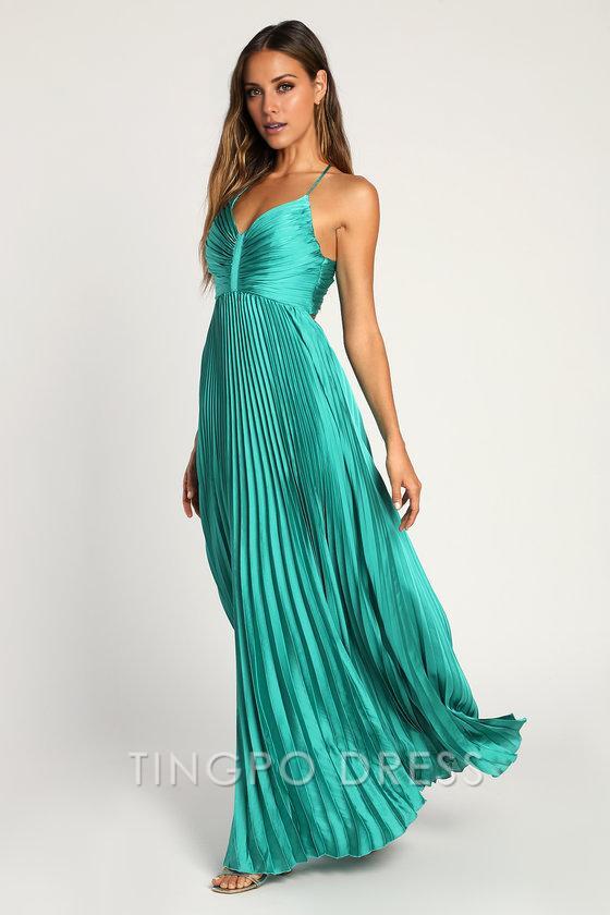 TingPo Wholesale Signature Elegance Dreaming in Color Green V-Neck Pleated Satin Maxi Dress formal wear dresses ﻿