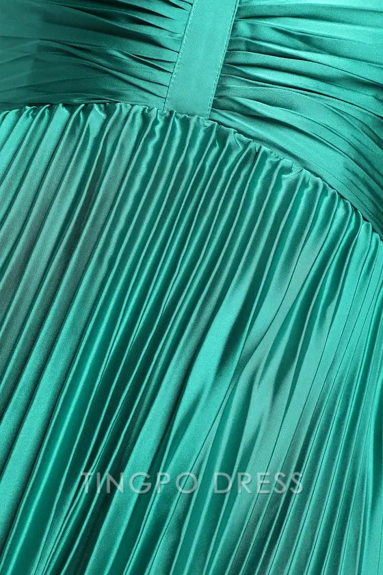 TingPo Wholesale Signature Elegance Dreaming in Color Green V-Neck Pleated Satin Maxi Dress formal wear dresses ﻿