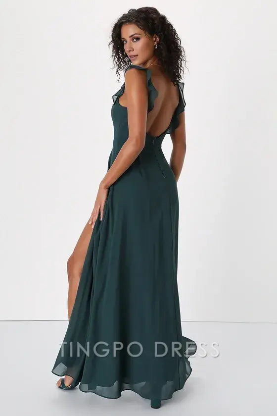 TingPo Wholesale Signature Elegance Dreamy Admiration Emerald Green Ruffled Maxi Dress formal wear dresses