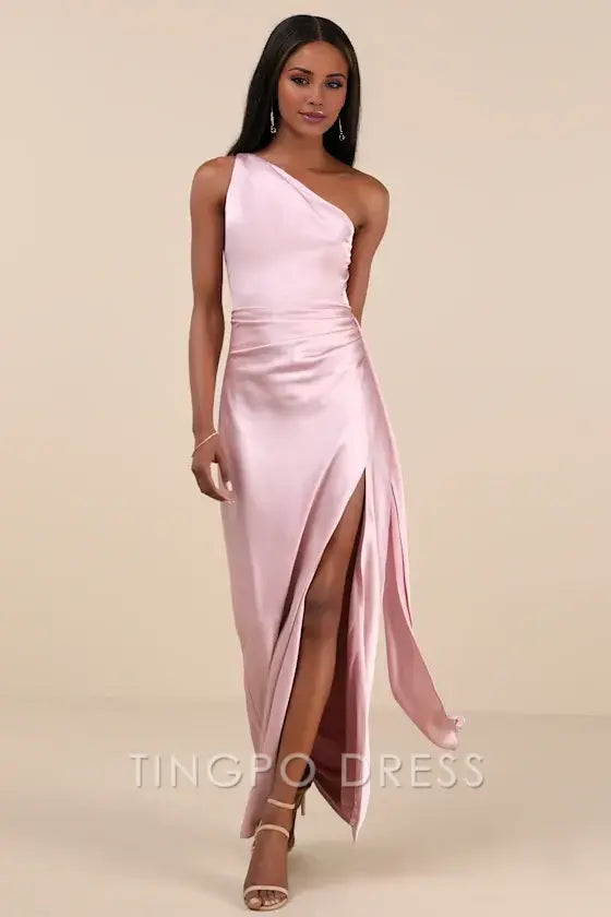 TingPo Wholesale Signature Elegance Dusty Lavender Satin One-Shoulder Maxi Dress formal wear dresses