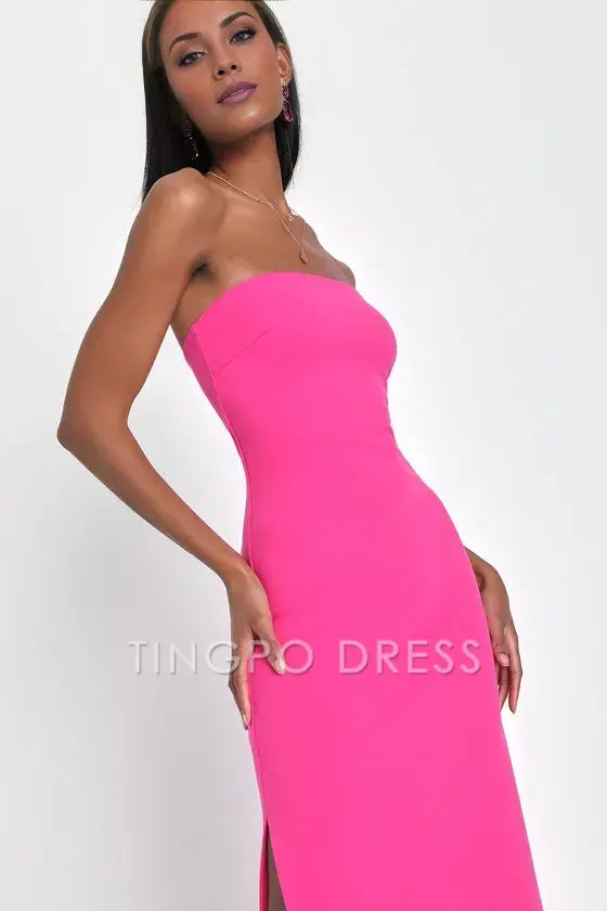 TingPo Wholesale Signature Elegance Elaborate Excellence Hot Pink Strapless Bodycon Maxi Dress formal wear dresses