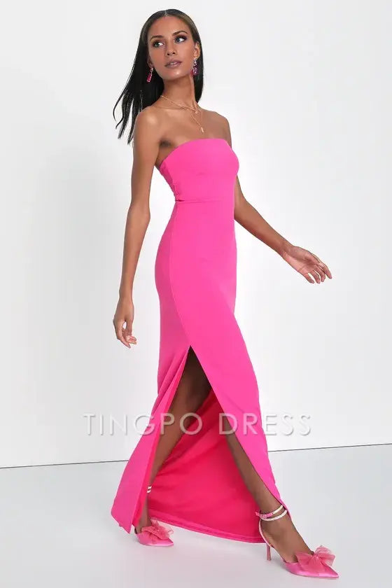 TingPo Wholesale Signature Elegance Elaborate Excellence Hot Pink Strapless Bodycon Maxi Dress formal wear dresses