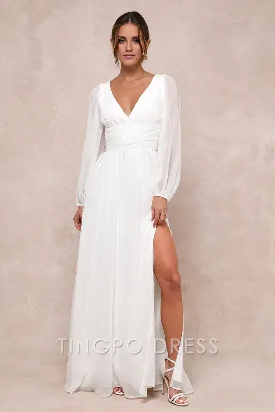 TingPo Wholesale Signature Elegance Enchant My Love White V-Neck Long Sleeve Maxi Dress formal wear dresses