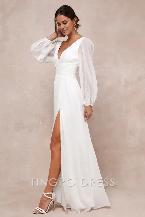TingPo Wholesale Signature Elegance Enchant My Love White V-Neck Long Sleeve Maxi Dress formal wear dresses