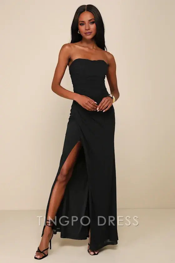 TingPo Wholesale Signature Elegance Epitome of Allure Black Mesh Strapless Ruched Maxi Dress formal wear dresses