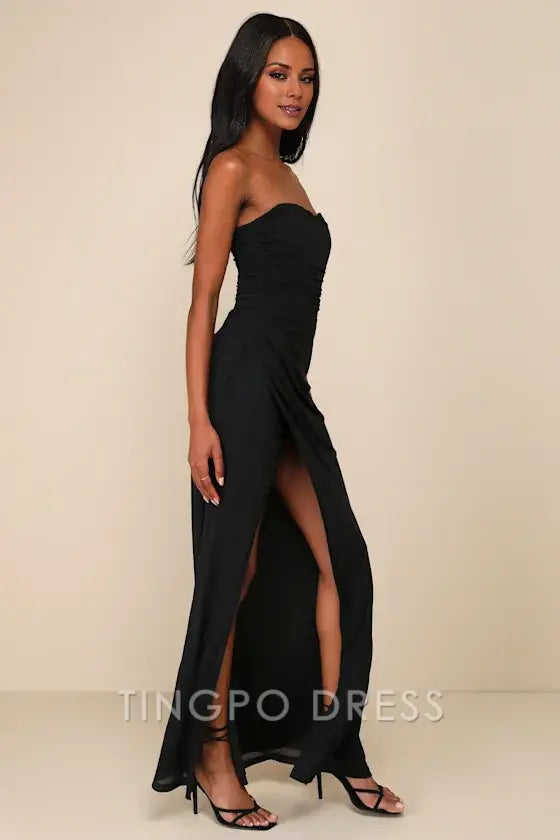 TingPo Wholesale Signature Elegance Epitome of Allure Black Mesh Strapless Ruched Maxi Dress formal wear dresses
