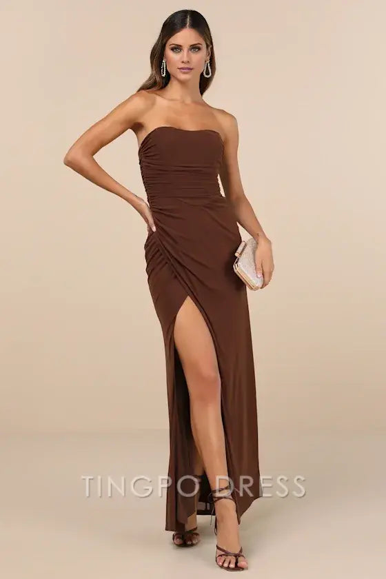 TingPo Wholesale Signature Elegance Epitome of Allure Brown Mesh Strapless Ruched Maxi Dress formal wear dresses