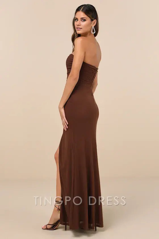 TingPo Wholesale Signature Elegance Epitome of Allure Brown Mesh Strapless Ruched Maxi Dress formal wear dresses