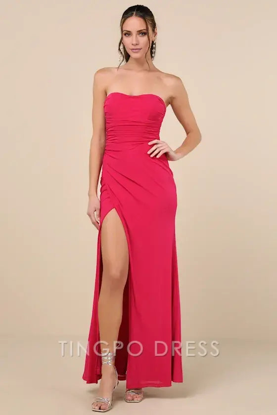 TingPo Wholesale Signature Elegance Epitome of Allure Fuchsia Mesh Strapless Ruched Maxi Dress formal wear dresses