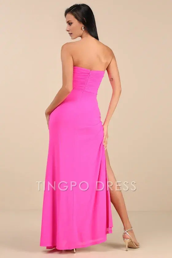 TingPo Wholesale Signature Elegance Epitome of Allure Hot Pink Mesh Strapless Ruched Maxi Dress formal wear dresses