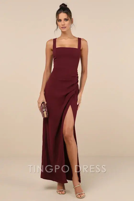 TingPo Wholesale Signature Elegance Glamorous Disposition Burgundy Ruched Maxi Dress formal wear dresses