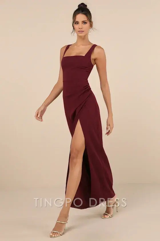 TingPo Wholesale Signature Elegance Glamorous Disposition Burgundy Ruched Maxi Dress formal wear dresses