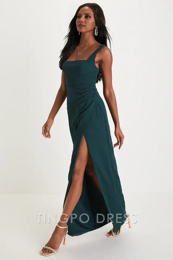 TingPo Wholesale Signature Elegance Glamorous Disposition Emerald Green Ruched Maxi Dress formal wear dresses