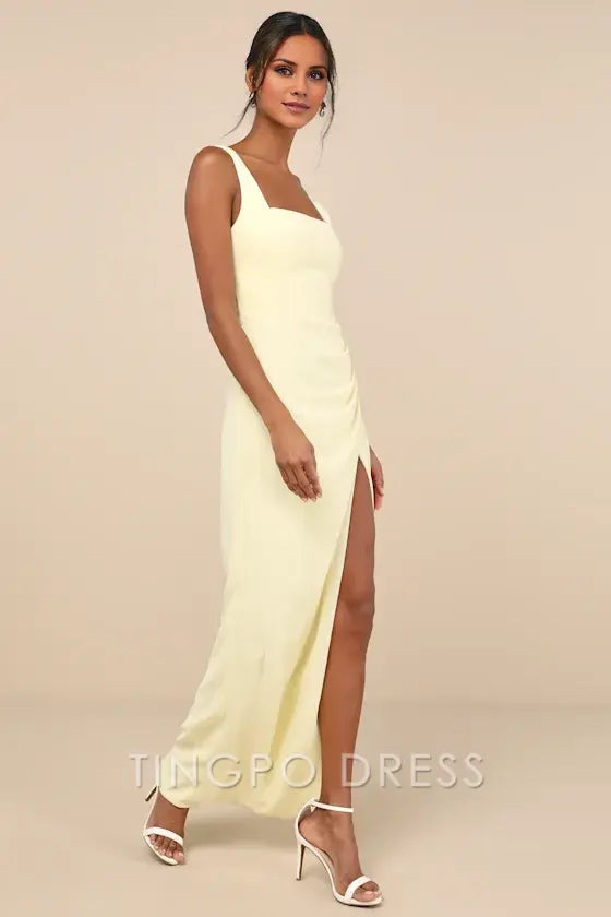 TingPo Wholesale Signature Elegance Glamorous Disposition Light Yellow Ruched Maxi Dress formal wear dresses