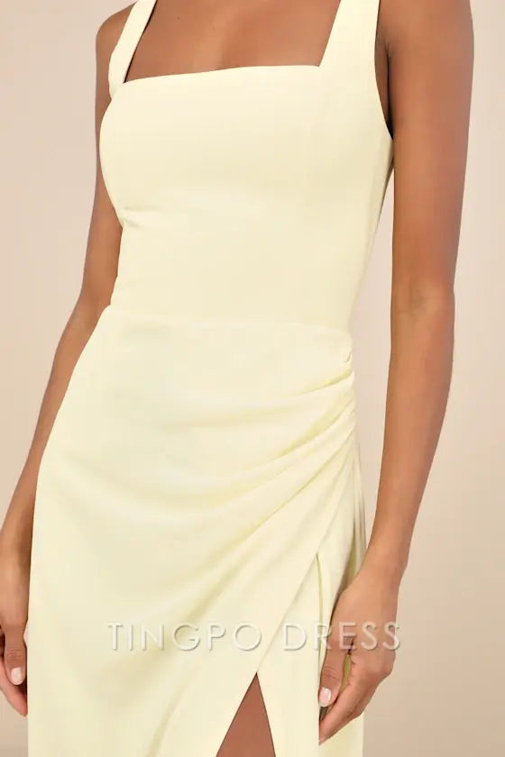 TingPo Wholesale Signature Elegance Glamorous Disposition Light Yellow Ruched Maxi Dress formal wear dresses