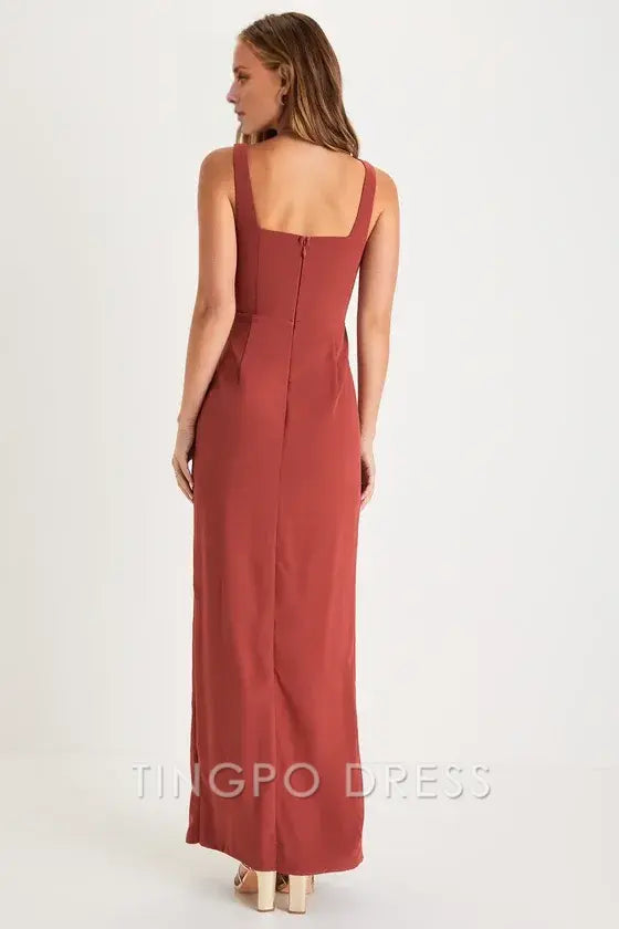 TingPo Wholesale Signature Elegance Glamorous Disposition Rust Ruched Maxi Dress formal wear dresses