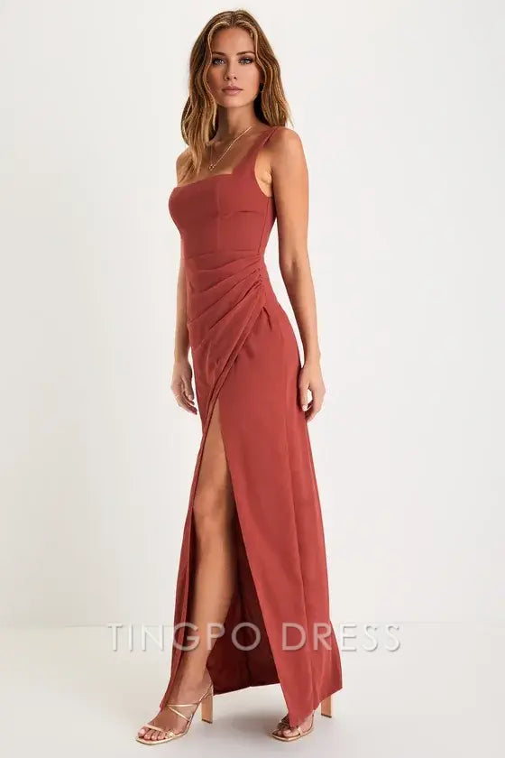 TingPo Wholesale Signature Elegance Glamorous Disposition Rust Ruched Maxi Dress formal wear dresses