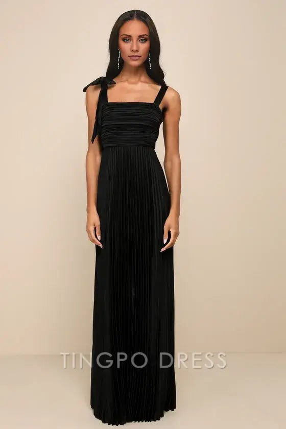 TingPo Wholesale Signature Elegance Gorgeous Purpose Black Satin Pleated Sleeveless Bow Maxi Dress formal wear dresses