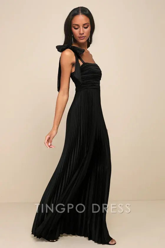 TingPo Wholesale Signature Elegance Gorgeous Purpose Black Satin Pleated Sleeveless Bow Maxi Dress formal wear dresses