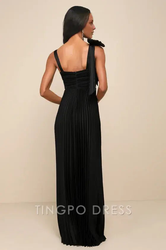 TingPo Wholesale Signature Elegance Gorgeous Purpose Black Satin Pleated Sleeveless Bow Maxi Dress formal wear dresses