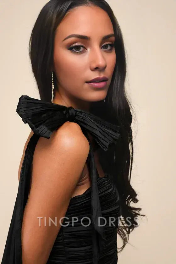 TingPo Wholesale Signature Elegance Gorgeous Purpose Black Satin Pleated Sleeveless Bow Maxi Dress formal wear dresses
