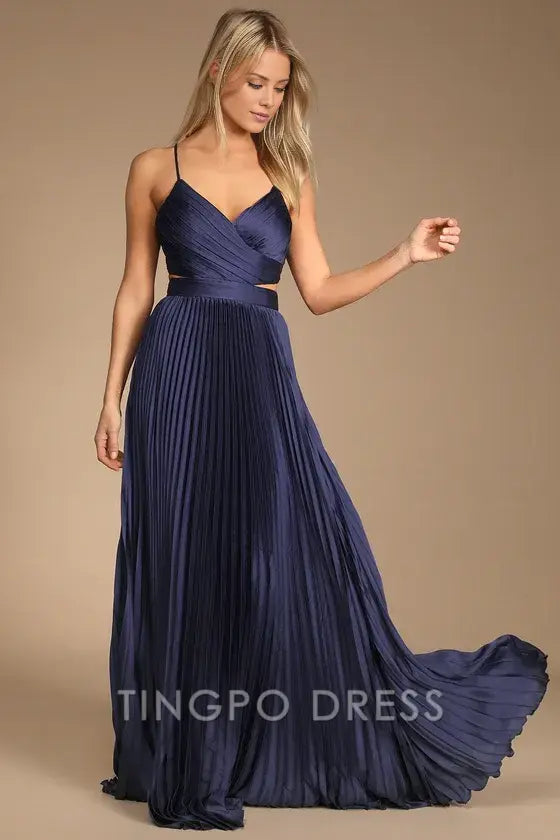 TingPo Wholesale Signature Elegance Got the Glam Navy Blue Pleated Cutout Maxi Dress formal wear dresses