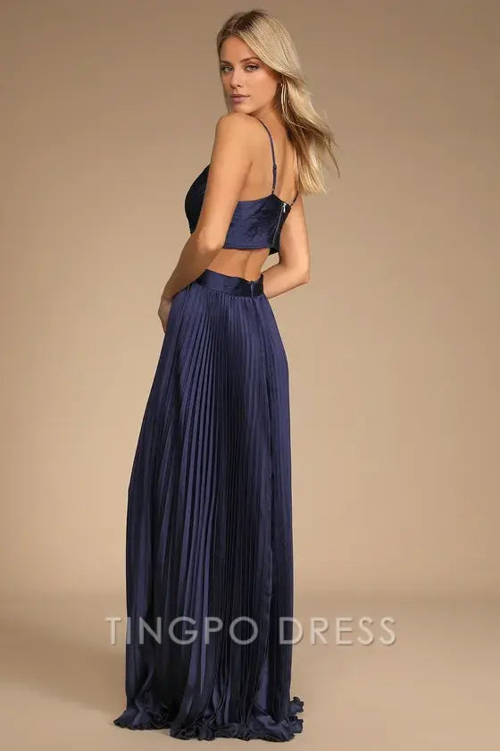 TingPo Wholesale Signature Elegance Got the Glam Navy Blue Pleated Cutout Maxi Dress formal wear dresses