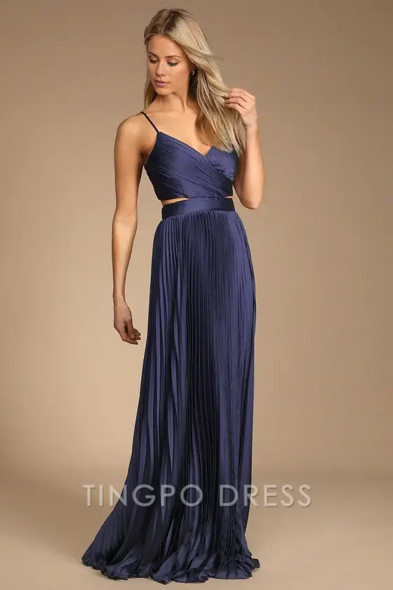 TingPo Wholesale Signature Elegance Got the Glam Navy Blue Pleated Cutout Maxi Dress formal wear dresses