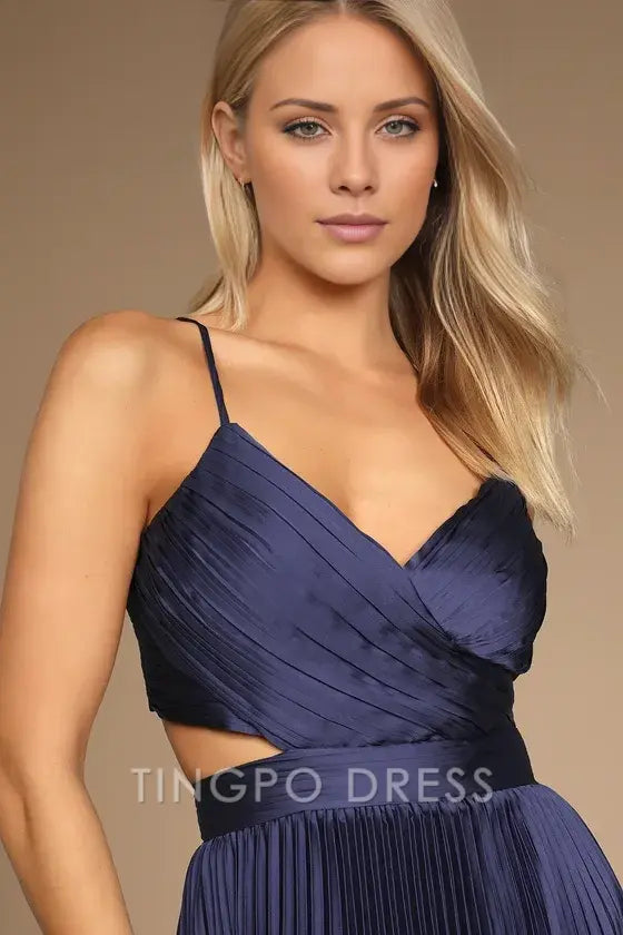 TingPo Wholesale Signature Elegance Got the Glam Navy Blue Pleated Cutout Maxi Dress formal wear dresses