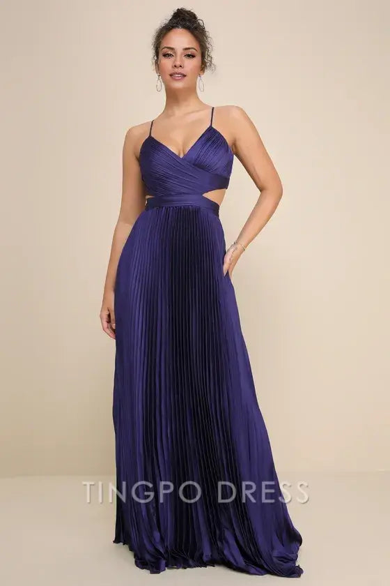 TingPo Wholesale Signature Elegance Got the Glam Navy Blue Pleated Cutout Maxi Dress formal wear dresses