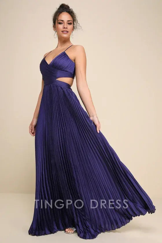 TingPo Wholesale Signature Elegance Got the Glam Navy Blue Pleated Cutout Maxi Dress formal wear dresses
