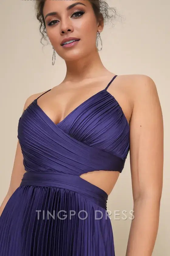 TingPo Wholesale Signature Elegance Got the Glam Navy Blue Pleated Cutout Maxi Dress formal wear dresses