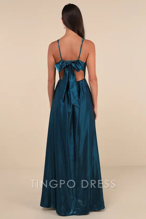 TingPo Wholesale Signature Elegance Immaculate Aura Shiny Dark Teal Taffeta Maxi Dress formal wear dresses