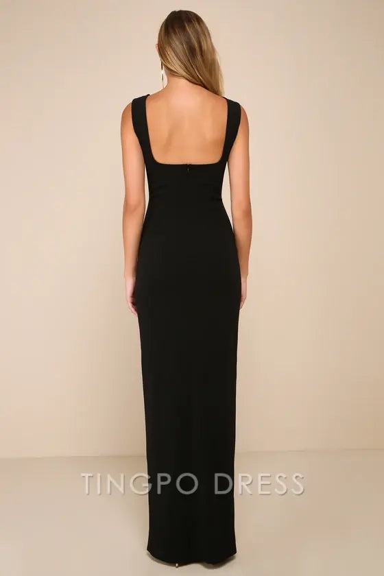 TingPo Wholesale Signature Elegance Inspiring Allure Black Square Neck Column Maxi Dress formal wear dresses