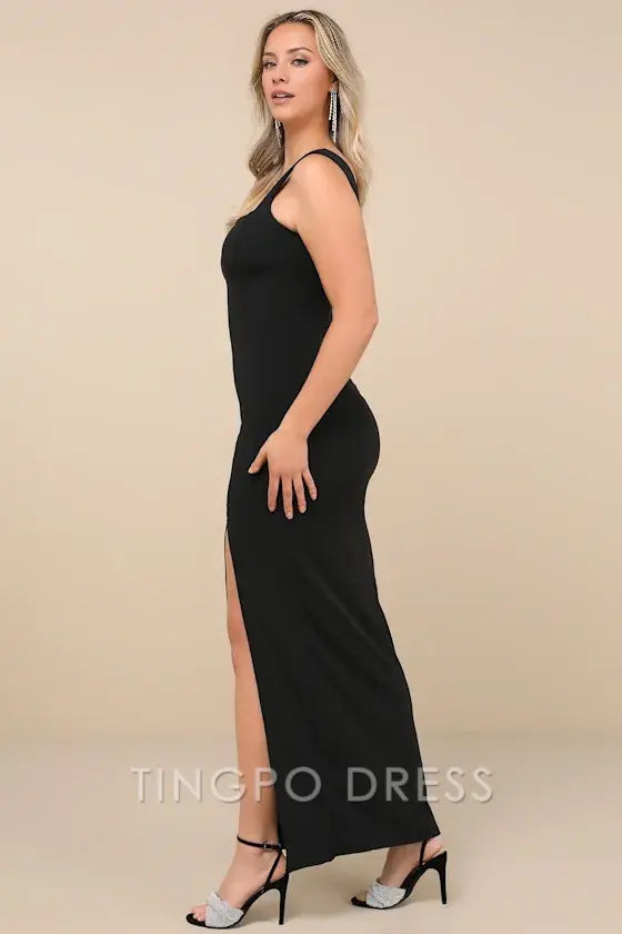 TingPo Wholesale Signature Elegance Inspiring Allure Black Square Neck Column Maxi Dress formal wear dresses