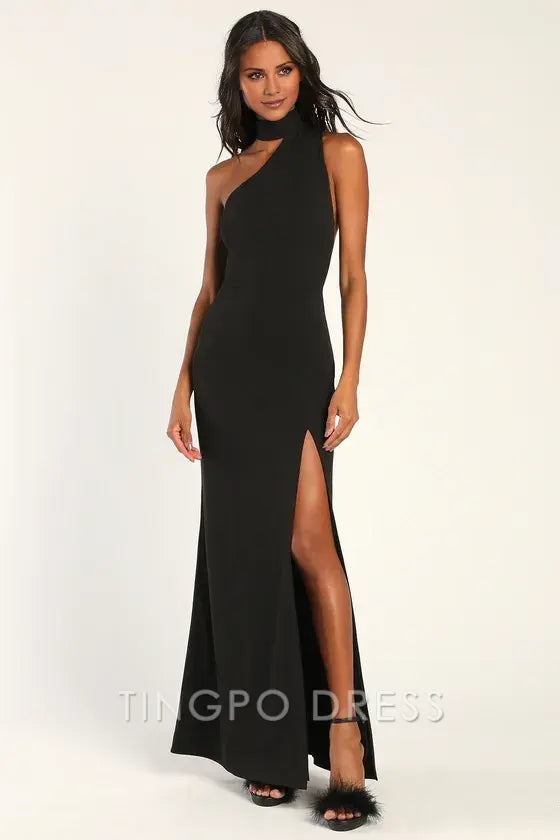 TingPo Wholesale Signature Elegance Keep It Interesting Black Asymmetrical Cutout Halter Maxi Dress formal wear dresses